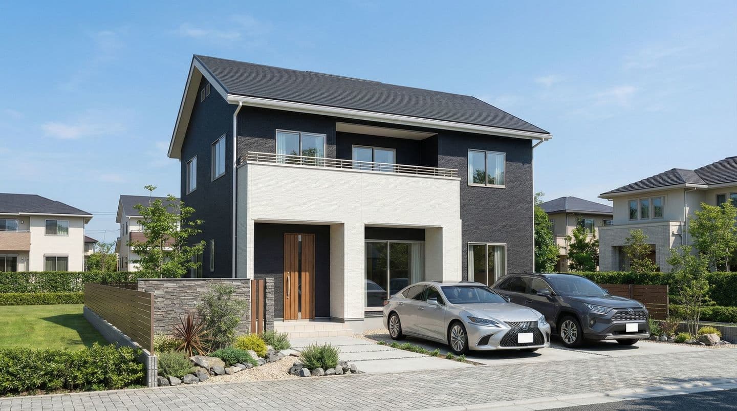 黒と白のモダンな外観の2階建て住宅パース。手前にシルバーのレクサスと黒のSUVが停まる2台分の駐車場、左手に石積みと植栽のある外構デザイン。