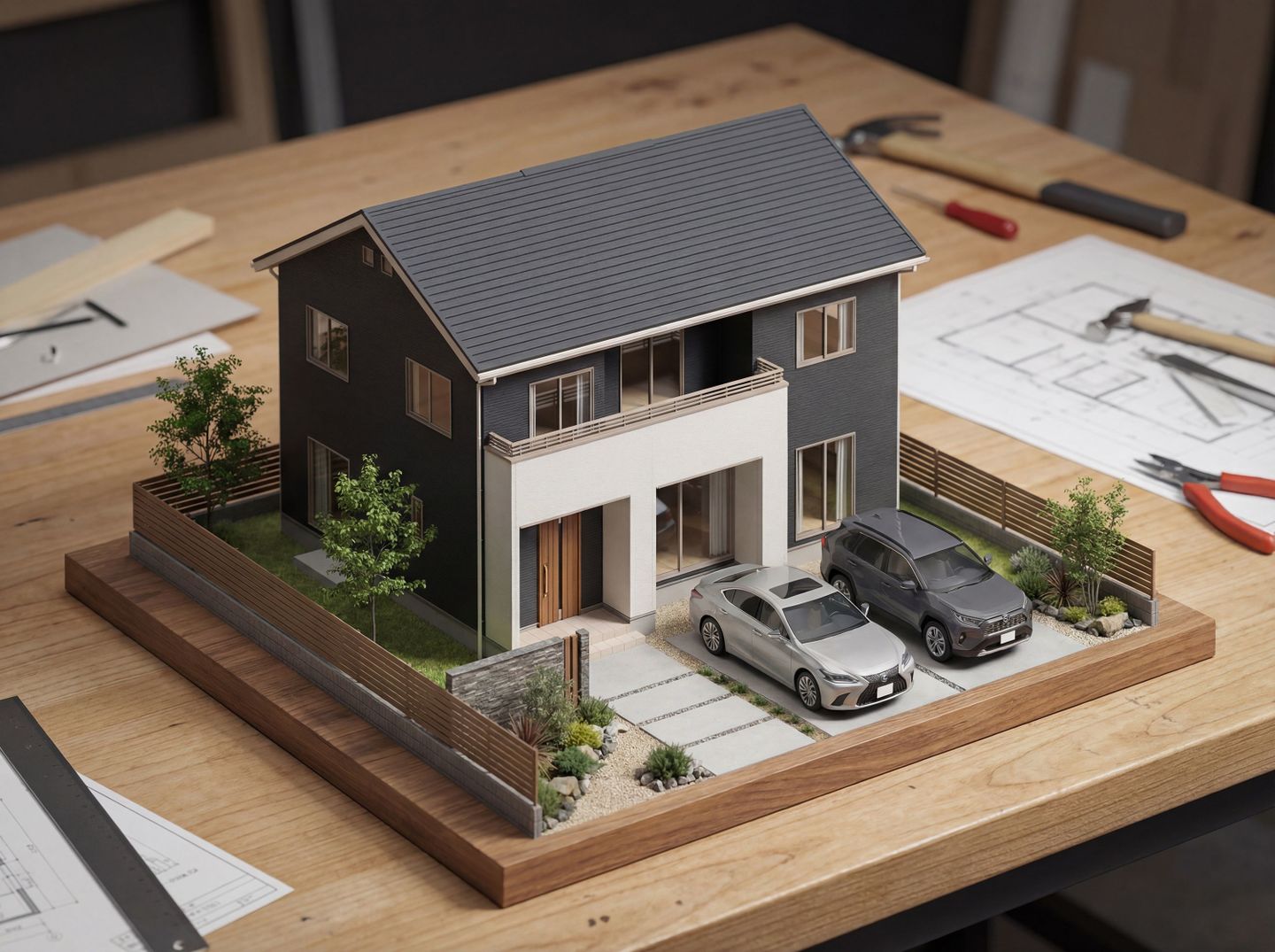 木製の作業台の上に置かれた、精巧な2階建てモダン住宅の建築模型。周囲には設計図、定規、ハンマーなどの工具が配置され、模型の庭には植栽と2台の乗用車（シルバーのセダンとグレーのSUV）がリアルに再現されている。3DCADと生成AIによる合成画像。