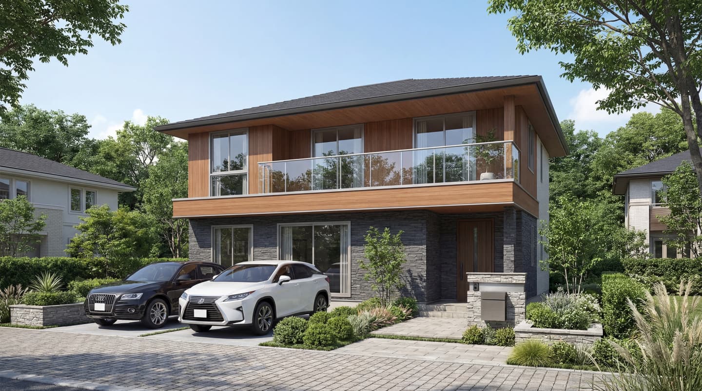 晴天の下に建つモダンな2階建て住宅パース。2階は木目調、1階はダークグレーの石張りでデザインされている。手前の駐車スペースには2台のSUVが並び、庭には豊かな植栽が配置されている。3D CADモデリングと生成AIによって制作された建築イメージ。