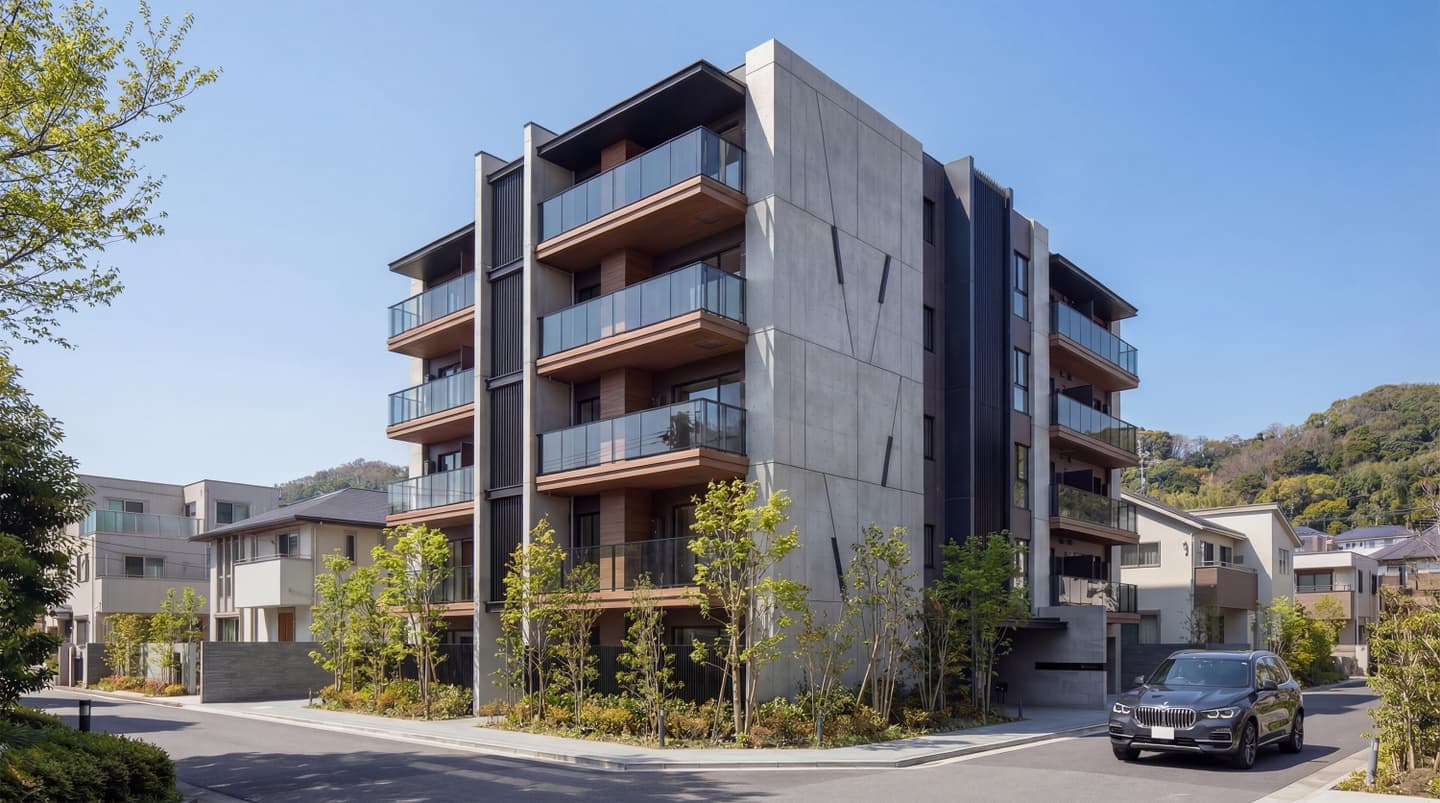 青空の下に建つモダンな5階建てマンションの外観パース。コンクリート打ち放しの壁面と木目調のバルコニー、ガラス手摺が特徴的。敷地周囲には植栽があり、前面道路には黒いSUVが走っている。