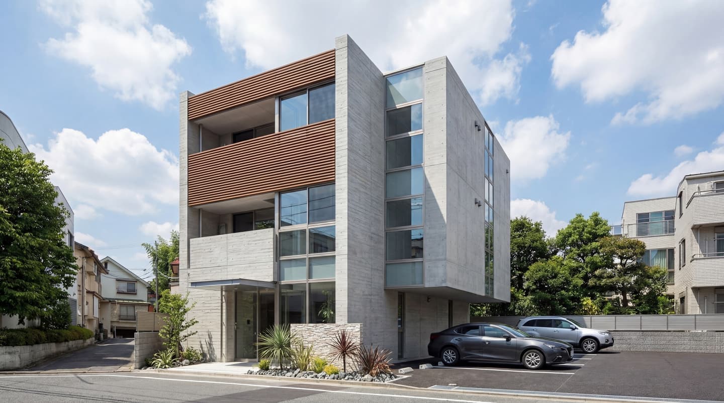 青空の下に建つ3階建てのモダンなデザイナーズマンションの外観パース。外壁はコンクリート打ち放しで、バルコニー部分には温かみのある木製ルーバーが設置されている。大きなガラス窓とエントランス横の石張りの壁、手入れされた植栽が特徴的。敷地内には駐車場があり、車が2台駐車されている。