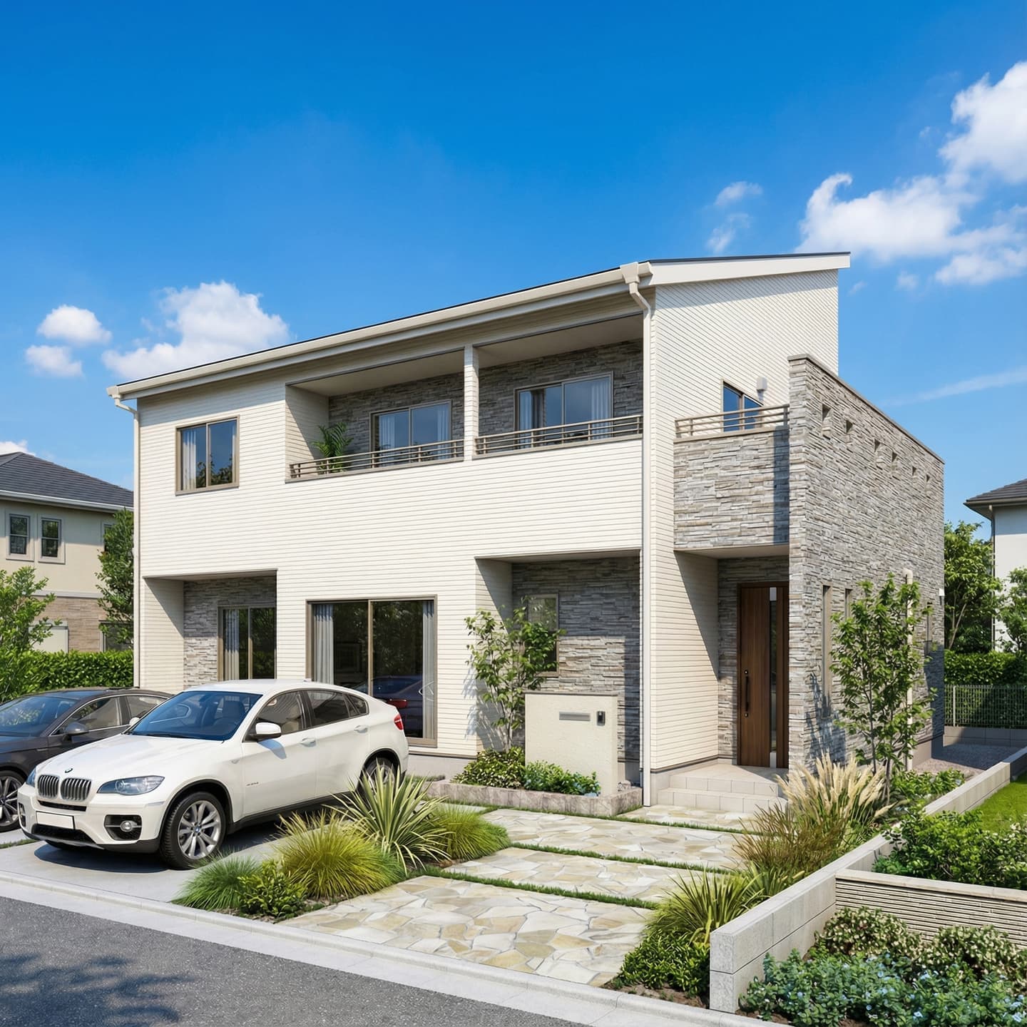 生成AIで作成した快晴の青空の下に建つモダンな2階建て住宅の外観パース。白いサイディングとグレーの石目調アクセント外壁、片流れ屋根が特徴。手前には植栽と白いSUVが停まった駐車場がある。