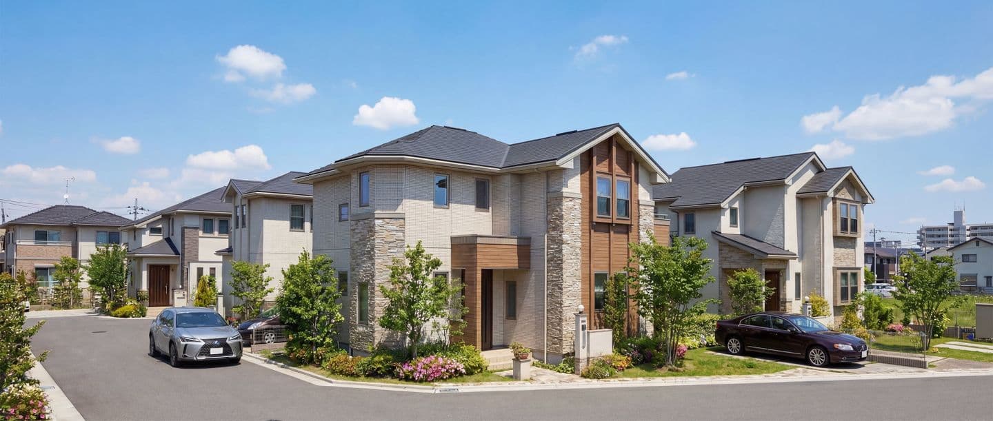 晴天の青空の下に並ぶモダンな2階建て住宅街の外観パース。3D CADでモデリングを行い、生成AIを使用して石壁や木目の質感、植栽、駐車中の車、道路のアスファルトなどをフォトリアルにレンダリングした建築ビジュアライゼーション画像。