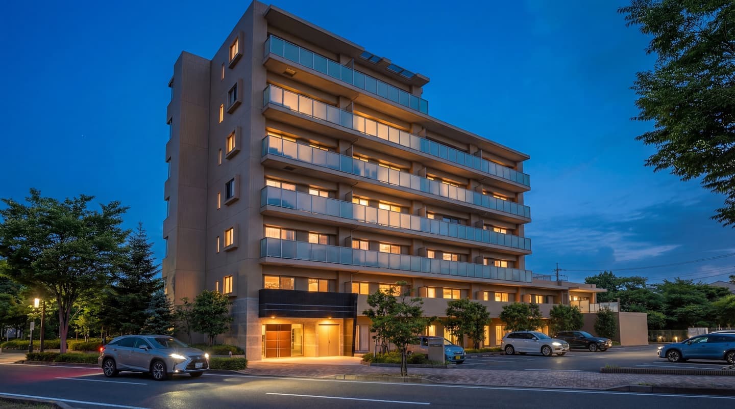 夕暮れ時の7階建てモダンマンションの外観パース。3D CADと生成AIを使用して制作。青い空を背景に、各部屋の窓やエントランスから温かい光が漏れ、手前の道路には車が駐車されている。周囲には植栽が配置され、現代的で落ち着いた雰囲気の集合住宅。