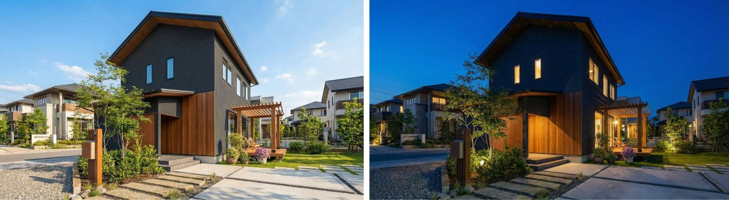 モダンな黒い外壁と木目調のアクセントがある2階建て住宅の外観パース比較画像。左側は青空の下にある昼間の様子。右側は生成AIによって変換された、植栽や室内照明がライトアップされた夕暮れ時の様子。