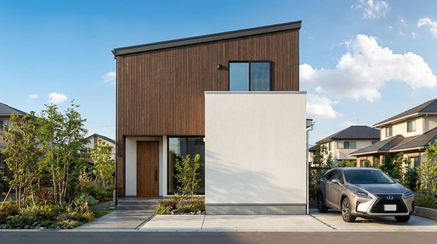 3D CADと生成AIで制作されたモダンな2階建て住宅の外観パース。茶色のウッドサイディングと白い塗り壁、片流れ屋根が特徴。庭には植栽があり、駐車場にはシルバーのSUVが停まっている晴天の風景。