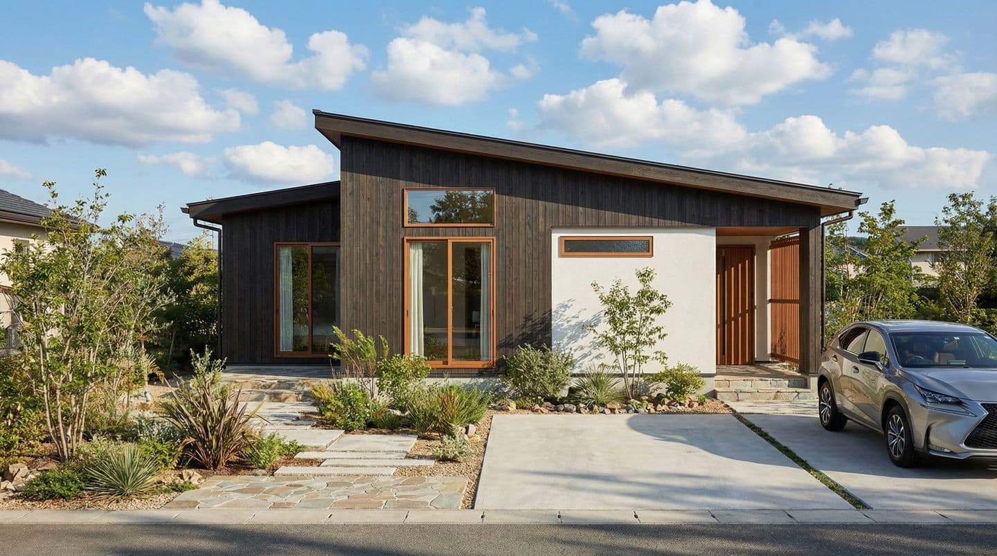 3D CADと生成AIで制作された和モダンな平屋の住宅パース。黒い木目のサイディングと白い外壁、片流れ屋根が特徴的で、手前には自然石のアプローチと豊かな植栽、駐車スペースにはシルバーのSUVが停まっている。