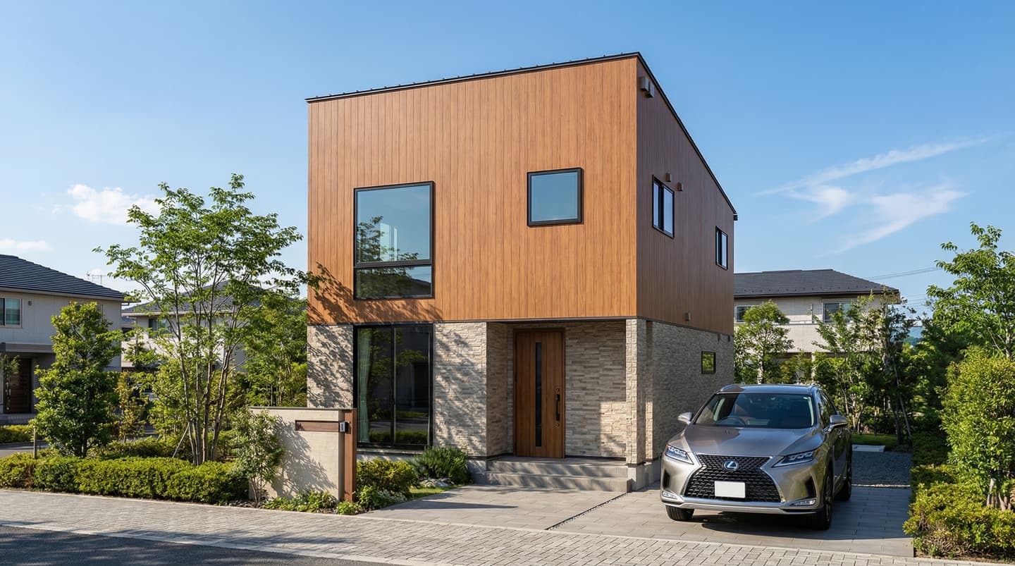 3D CADと生成AIで制作したモダンな2階建て住宅の外観パース。2階は茶色の木目調サイディング、1階はベージュの石壁を使用したキューブ型のデザイン。晴天の下、手入れされた植栽と私道に駐車されたSUV車が含まれる。