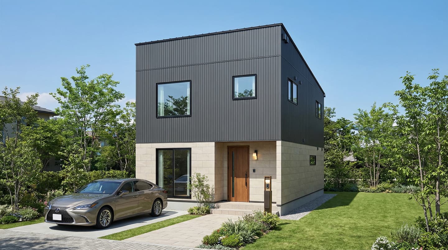 晴天の青空の下に建つモダンな2階建て住宅の建築パース。上部は黒の金属サイディング、下部はベージュの石張りでデザインされ、庭には緑の植栽があり、手前に車が駐車されている。3D CADと生成AIを使用して制作された画像。