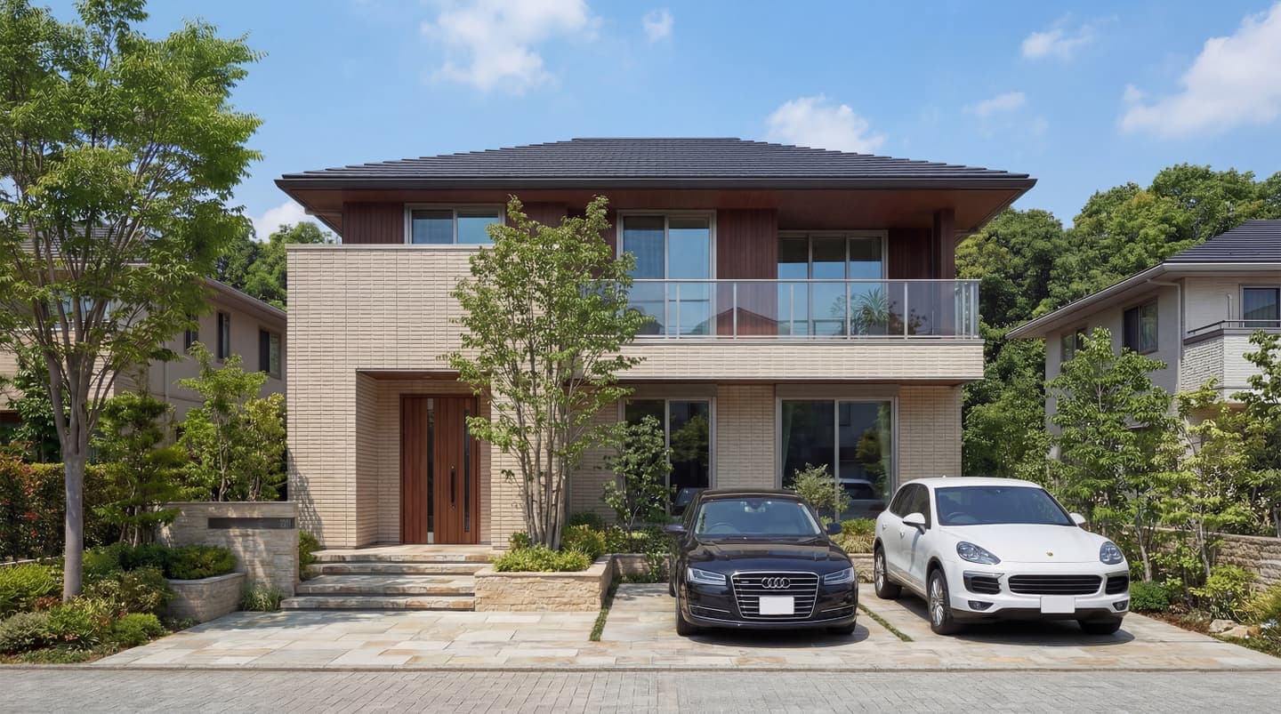 生成AIによる住宅建築パース作成事例：重厚感のあるベージュの総タイル張りと木目調の軒天が美しい、モダンな2階建て注文住宅の外観パース