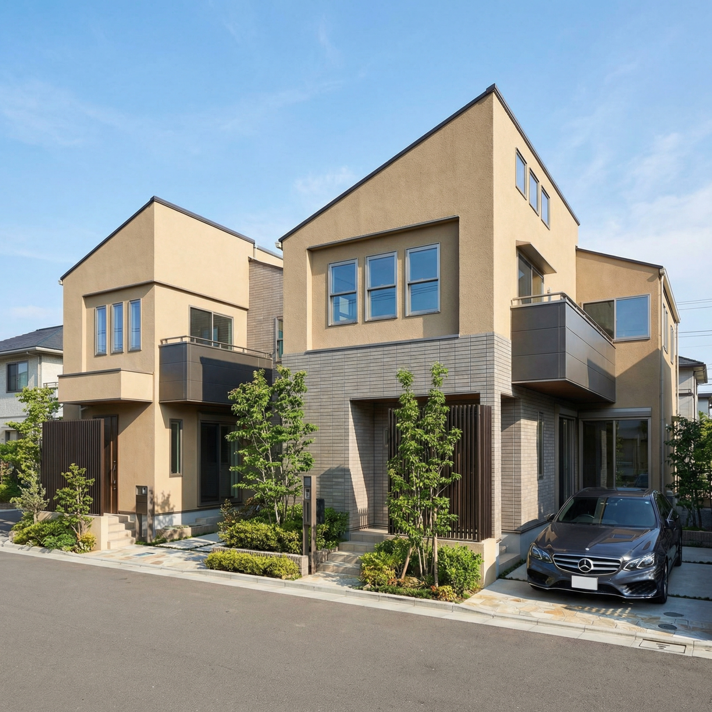 3DCADと生成AIで制作された、モダンな2階建て住宅の外観パース。ベージュの塗り壁とグレーのタイルが調和したデザインで、手前には植栽と黒の乗用車（メルセデス・ベンツ）が配置されている。