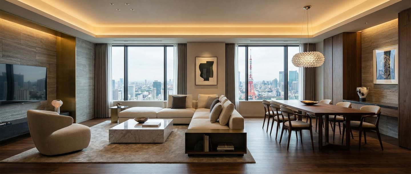東京タワーが見える高層マンションの豪華なリビングダイニング。3DCADと生成AIで制作された、モダンな内観パースのイメージ。大理石のテーブルとベージュのソファ、洗練された間接照明が特徴。