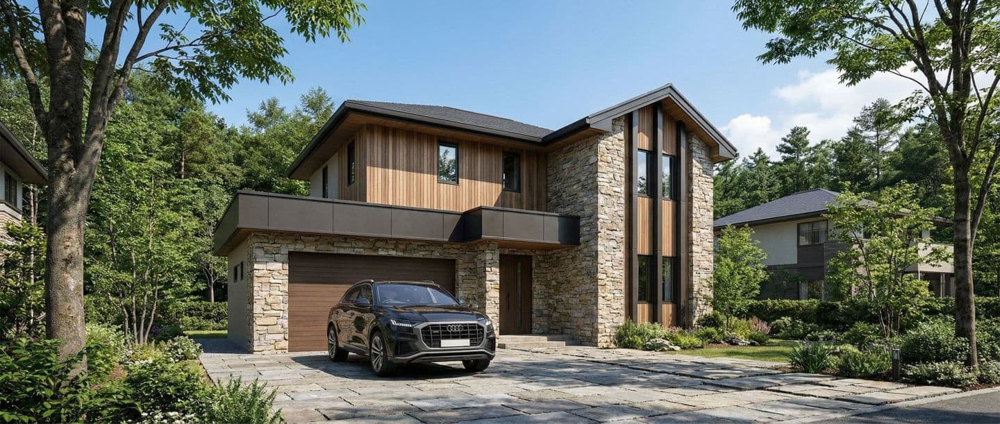緑豊かな森の中に建つ、石積みと木目調の外壁を組み合わせたモダンな2階建て住宅の外観パース。1階にはビルトインガレージがあり、前庭の石畳には黒のSUVが停車している。晴天の下、自然光が当たっている様子。