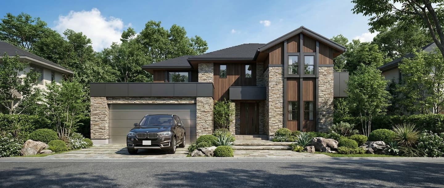 3DCADと生成AIで制作された、石積みと木目調の外壁が特徴的なモダンな二階建て住宅の外観パース。ガレージ前には黒のSUVが停車し、豊かな植栽が配されている。