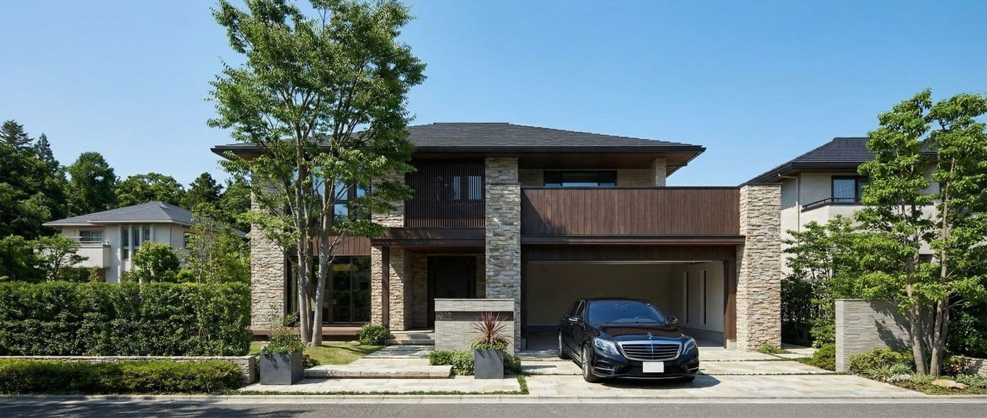 石積みと木目調の外壁が特徴的なモダンな2階建て住宅の外観パース。ビルトインガレージには黒の高級セダンが停車しており、手前には手入れされた庭の樹木と青空が広がっている。