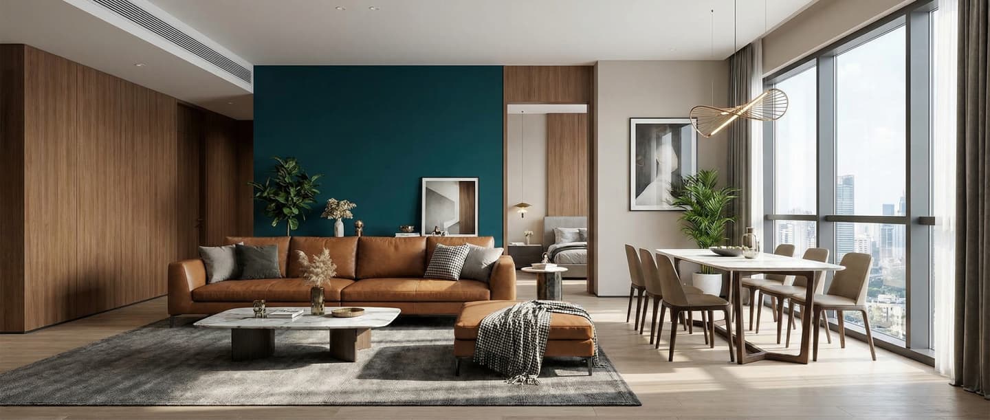 モダンなリビングダイニングの内観パース。濃いブルーのアクセント壁、茶色のレザーソファ、大理石のローテーブル、木製壁面の収納、そして大きな窓があるダイニングエリアが描かれた上質な空間デザイン。