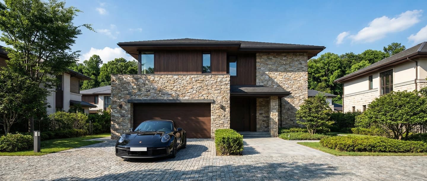 石積みの壁とウッドパネルを組み合わせたモダンな2階建て住宅の外観パース。石畳の車道には黒のポルシェが停車し、周囲には美しい芝生と樹木が配置されている。3DCADと生成AIを用いて制作された、青空の下のフォトリアルな住宅パース。