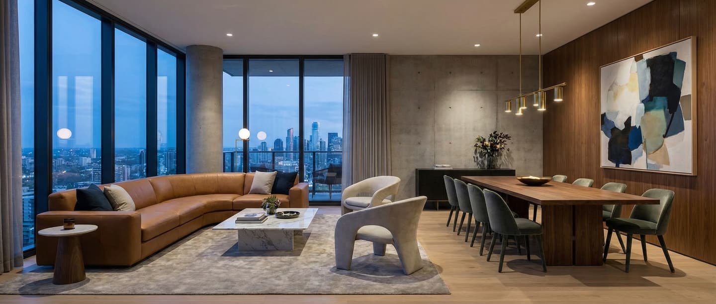 3DCADと生成AIで制作した、都会の夕景が見渡せる高層階リビングダイニングの内観パース。左手にキャメルのL字型レザーソファと大理石のローテーブル、右手に木製の大型ダイニングテーブルと椅子が配置され、壁面にはコンクリート、木目パネル、抽象画が飾られている。